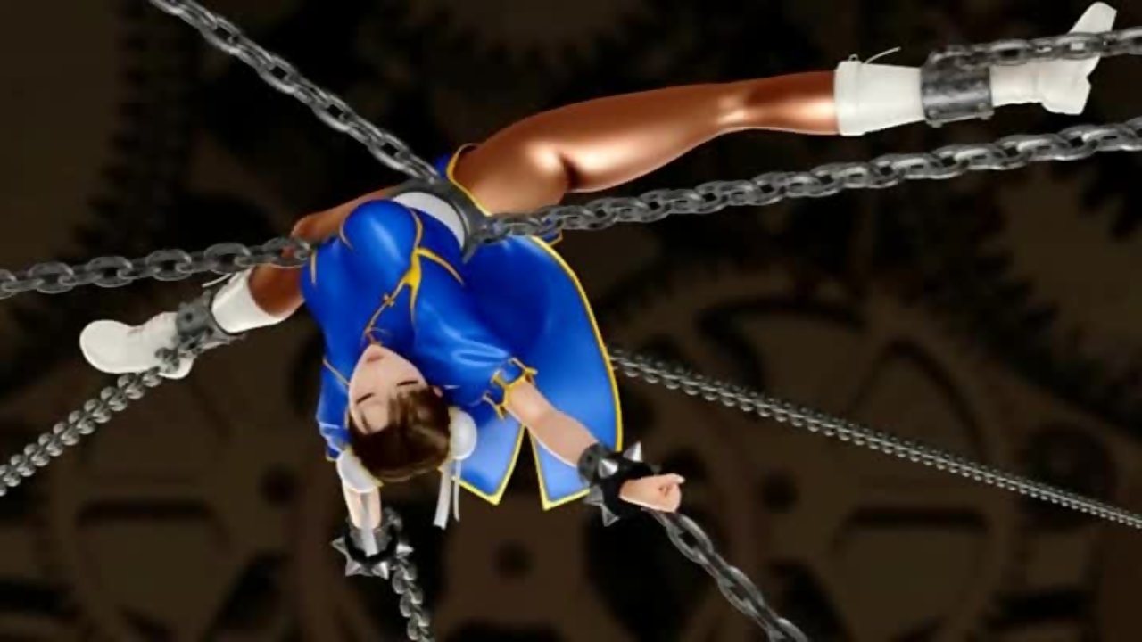 Chun Li from street fighter is chained up and group fucked