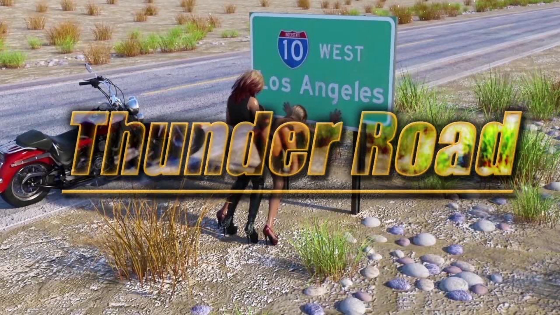 Thunder Road - Busty futanari bangs a bike chick on the side of the road